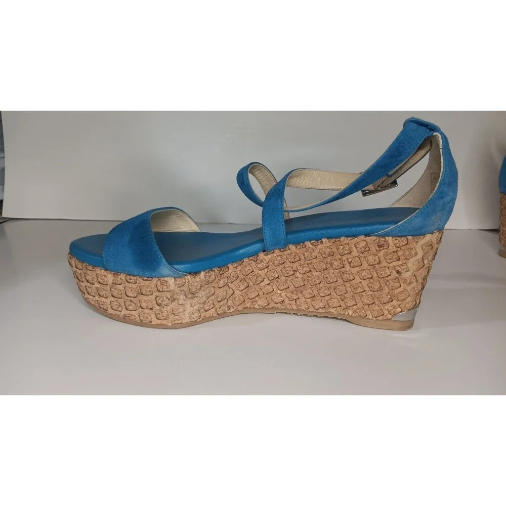 Jimmy Choo Wedge Sandals Blue Suede Cork Espadrilles Made in Spain Size 38 - Picture 6 of 16